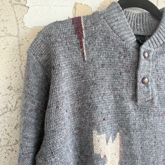 Vtg 80s Sweater Wool Blend Henley Pullover Gray Abstract Grandpacore Academia L - Picture 5 of 7